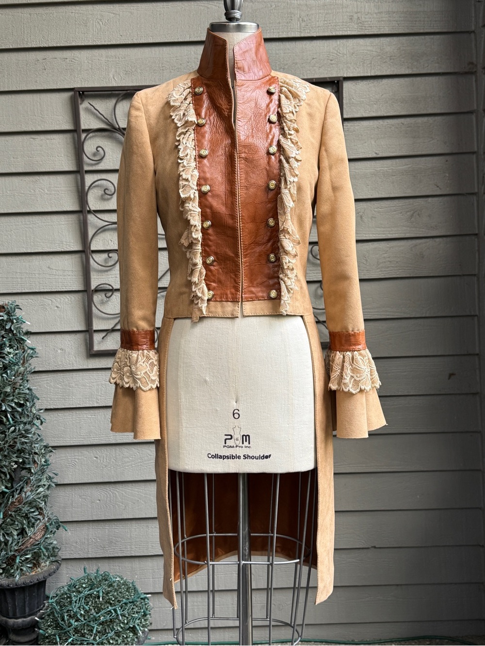 Women's Tan & Brown Tailcoat Jacket with Lace Trim Size: Small